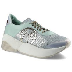Sneakersy damskie Massimo Poli, ze skórzaną cholewką o tłoczonej fakturze sznurowaniem na podbiciu bocznym emblematem, miętowe, 2Y1-20-0633. Zielone półbuty damskie Massimo POLI, na lato, bez wzorów, z materiału, eleganckie, bez obcasa, bez zapięcia. Za 264.00 zł.
