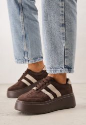 Ciemnobrązowe Skórzane Sneakersy na Grubej Podeszwie z Geometrycznym Wzorem Rivimi. Brązowe obuwie sportowe damskie Born2be, bez wzorów, z dzianiny. Za 219.99 zł.