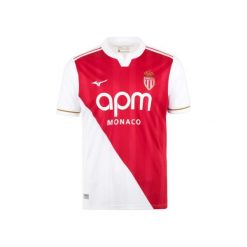 Koszulka domowa AS Monaco 2025/26. Czerwone koszulki sportowe męskie Mizuno, bez wzorów, bez kołnierzyka, bez ramiączek, do piłki nożnej. Za 458.50 zł.