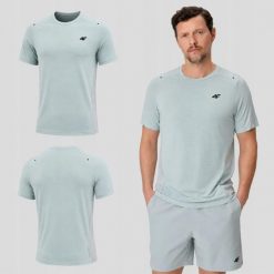 KOSZULKA ROWEROWA 4F T-SHIRT MĘSKI TRENINGOWY SZYBKOSCHNĄCY. Zielone koszulki sportowe męskie 4f, m, bez wzorów, z dresówki, biznesowe, bez kołnierzyka. Za 129.99 zł.
