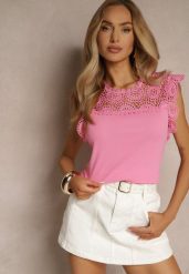 Fuksjowa Bluzka z Bawełny Zdobiona Koronką przy Dekolcie Fevamire. Czerwone bluzki damskie Renee, na lato, m, z aplikacjami, z bawełny, eleganckie, bez kołnierzyka, bez ramiączek. Za 39.99 zł.
