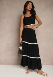 Czarny Komplet z Wiskozy Top na Ramiączkach i Spódnica Rozkloszowana z Gumką w Pasie Efrisia. Czarne spódnice damskie Renee, na lato, m, bez wzorów, z materiału, eleganckie, kopertowe. Za 74.99 zł.