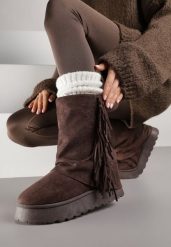 Brązowe Botki Śniegowce z Wywiniętą Cholewką Zdobioną Frędzlami Sewela. Brązowe śniegowce i trapery damskie Renee, z jeansu. Za 129.99 zł.
