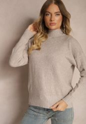 Beżowy Golf Sweter z Tłoczeniem i Ściągaczami Melovira. Brązowe swetry damskie Renee, na zimę, bez wzorów, bez kołnierzyka, bez ramiączek, bez kaptura. Za 99.99 zł.