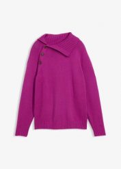 Sweter w asymetrycznym fasonie. Niebieskie swetry damskie bonprix, bez wzorów, prążkowane, z asymetrycznym kołnierzem, bez ramiączek, bez kaptura. Za 112.99 zł.