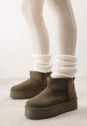 Zielone Krótkie Śniegowce na Platformie Lysindra. Zielone śniegowce i trapery damskie Born2be, z futra. Za 69.99 zł.