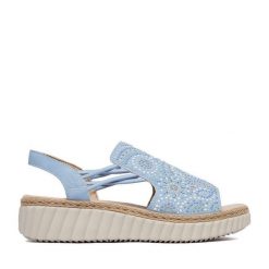 Sandały Rieker. Niebieskie sandały damskie Rieker, bez wzorów, bez obcasa, na koturnie, bez zapięcia. Za 339.99 zł.