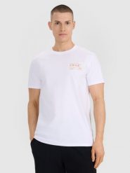 4F T-shirt regular z nadrukiem męski - biały XXL. Białe koszulki sportowe męskie 4f, m, bez wzorów, z bawełny, eleganckie, bez kołnierzyka. Za 49.99 zł.