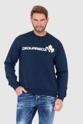 DSQUARED2 Niebieska bluza męska z białym logo z liściem. Niebieskie bluzy męskie Dsquared2, l, bez wzorów, bez kaptura. W wyprzedaży za 899.99 zł.