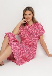 Fuksjowa Bawełniana Sukienka Koszulowa w Kwiaty z Rozkloszowanym Dołem Jerilsa. Czerwone sukienki damskie Born2be, na co dzień, l, bez wzorów, z bawełny, eleganckie, bez kołnierzyka, bez ramiączek, midi, koszulowe. Za 39.99 zł.