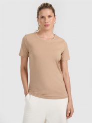 4F T-shirt regular gładki damski - beżowy L. Brązowe t-shirty damskie 4f, l, bez wzorów, z bawełny, klasyczne, bez kołnierzyka. W wyprzedaży za 39.99 zł.
