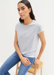 Shirt z nadrukiem i minirękawkami, w kompl. 2-częściowym. Białe bluzki damskie bonprix, bez wzorów, bez kołnierzyka, bez ramiączek. Za 104.99 zł.