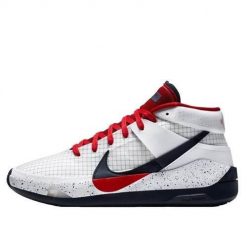 Buty koszykarskie męskie Nike KD13. Białe buty sportowe męskie Nike, z materiału, za kostkę, bez zapięcia, do koszykówki. Za 857.00 zł.