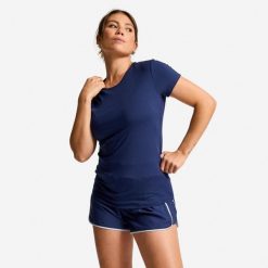 Koszulka fitness damska Domyos krótki rękaw. Niebieskie koszulki sportowe damskie DOMYOS, l, bez wzorów, z elastanu, bez kołnierzyka, bez ramiączek, na fitness i siłownię. Za 34.99 zł.