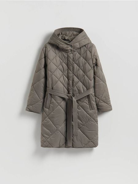 Długa kurtka z wiązaniem - brązowy. Brązowe kurtki damskie Reserved, l, bez wzorów, bez kaptura. Za 199.99 zł.