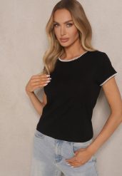 Czarny T-shirt z Bawełny z Ozdobną Lamówką Elanicea. Czarne bluzki damskie Renee, s, bez wzorów, z bawełny, sportowe, bez kołnierzyka. Za 39.99 zł.