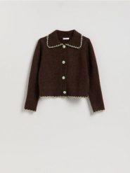 Kardigan z kołnierzykiem - brązowy. Brązowe kardigany damskie Reserved, l, bez wzorów, z dzianiny. Za 129.99 zł.