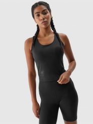 4F Top treningowy z niskim wsparciem damski - czarny XL. Czarne koszulki sportowe damskie 4f, xl, bez wzorów, z dzianiny, bez kołnierzyka, bez ramiączek, na fitness i siłownię. W wyprzedaży za 49.99 zł.
