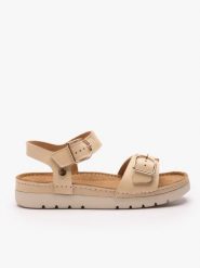 Beżowe sandały na grubszym spodzie z dwoma paskami. Brązowe sandały damskie Ryłko, bez wzorów, ze skóry, bez obcasa, na obcasie, bez zapięcia. Za 399.99 zł.