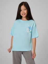 4F T-shirt boxy z nadrukiem dziewczęcy - niebieski 122/128 (6-8 lat). Niebieskie t-shirty i topy dla dziewczynek 4f, bez wzorów, z bawełny, bez ramiączek. Za 49.99 zł.