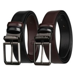 Dwustronny pasek męski w czarnym i ciemnobrązowym kolorze z obrotową klamrą Peterson PTN LZB-34-BLACK. Brązowe paski damskie Peterson, bez wzorów, ze skóry, klasyczne. Za 69.99 zł.