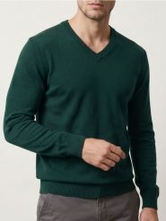 Sweter z dekoltem V - zielony. Zielone swetry przez głowę męskie Sinsay, l, bez wzorów, bez kołnierzyka. Za 39.99 zł.