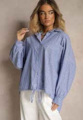 Niebieska Koszula z Bawełny o Kroju Oversize w Prążki ze Ściągaczem w Pasie Neoritia. Niebieskie bluzki damskie Renee, uniwersalny, bez wzorów, z bawełny, biznesowe, bez kołnierzyka, bez ramiączek. Za 119.99 zł.