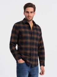 Męska flanelowa koszula w kratę - granatowo-pomarańczowa V7 OM-SHCS-0150 - L. Brązowe koszule męskie Ombre Clothing, l, bez wzorów, bez kołnierzyka, bez ramiączek. W wyprzedaży za 79.99 zł.