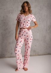 Różowy Elastyczny Komplet Piżamowy w Serduszka Spodnie i Top Isle. Czerwone piżamy damskie Renee, l, bez wzorów, z materiału, bez ramiączek. Za 69.99 zł.