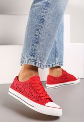 Czerwone Trampki z Krótką Ażurową Cholewką Paerina. Czerwone trampki i tenisówki damskie Renee, w ażurowe wzory, z jeansu, boho, bez zapięcia. Za 39.99 zł.