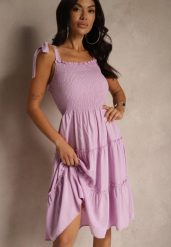 Fioletowa Sukienka z Wiskozą o Rozkloszowanym Kroju na Ramiączkach z Wiązaniem Aranive. Fioletowe sukienki damskie Renee, na co dzień, m, bez wzorów, z wiskozy, eleganckie, bez kołnierzyka, bez ramiączek, midi, proste. Za 49.99 zł.