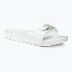 Klapki damskie Scholl Pescura Flat Aqua Eva. Białe klapki damskie Scholl, bez wzorów, bez obcasa. Za 119.99 zł.