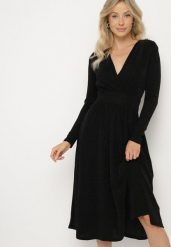 Czarna Taliowana Sukienka z Wiskozą o Rozkloszowanym Kroju Zdobiona Metaliczną Nicią Mesinae. Czarne sukienki damskie Born2be, do pracy, m, z aplikacjami, z wiskozy, biznesowe, bez kołnierzyka, bez ramiączek, midi, rozkloszowane. Za 169.99 zł.