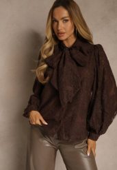 Brązowa Koszula z Koronki Zdobiona Bufiastymi Rękawami i Kokardą przy Dekolcie Sewene. Brązowe bluzki damskie Renee, m, z aplikacjami, z koronki, eleganckie, bez kołnierzyka, bez ramiączek. Za 149.99 zł.
