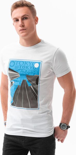 Ombre T-shirt męski z nadrukiem S1434 V-5A - biały XXL. Białe t-shirty męskie Ombre, m, bez wzorów, bez kołnierzyka. Za 19.99 zł.