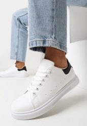 Biało-Czarne Sznurowane Sneakersy na Płaskiej Podeszwie przed Kostkę Duta. Białe obuwie sportowe damskie Born2be, bez wzorów. Za 69.99 zł.