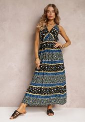 Czarno-Granatowa Sukienka z Wiskozy Maxi w Fantazyjny Print Cannida. Czarne sukienki damskie Renee, na lato, l, bez wzorów, z wiskozy, bez kołnierzyka, bez ramiączek, maxi. Za 54.99 zł.