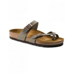 Klapki damskie Birkenstock Mayari. Szare klapki damskie Birkenstock, bez wzorów, z materiału, eleganckie, bez obcasa. Za 695.00 zł.