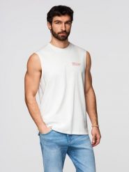 Męska bawełniana koszulka bez rękawów TANK TOP - biała V1. Białe koszulki sportowe męskie Ombre Clothing, na lato, m, bez wzorów, z bawełny, bez kołnierzyka, bez ramiączek, na fitness i siłownię. W wyprzedaży za 45.50 zł.