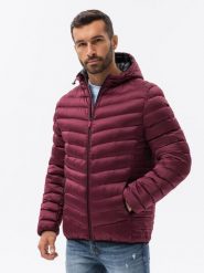 Pikowana sportowa męska kurtka o satynowym wykończeniu – bordowa V16 - Rozmiar: L. Czerwone kurtki męskie Ombre Clothing, l, z aplikacjami, z materiału. W wyprzedaży za 139.99 zł.