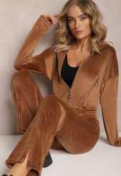 Brązowy Welurowy Komplet Dresowy z Bluzą i Spodniami Lunamea. Brązowe bluzy damskie Renee, m, bez wzorów, z dresówki, bez kaptura. Za 159.99 zł.