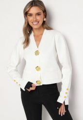 Biały Kardigan Wiskozowy z Ozdobnymi Złotymi Guzikami Iriniaela. Białe kardigany damskie Born2be, l, bez wzorów, z wiskozy, eleganckie, bez kołnierzyka, bez ramiączek, bez kaptura. Za 169.99 zł.