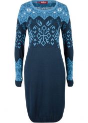 Sukienka dzianinowa w norweski wzór. Niebieskie sukienki damskie bonprix, bez wzorów, z dzianiny, bez kołnierzyka, bez ramiączek. Za 134.99 zł.