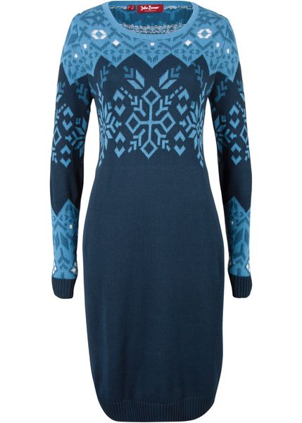 Sukienka dzianinowa w norweski wzór. Niebieskie sukienki damskie bonprix, bez wzorów, z dzianiny, bez kołnierzyka, bez ramiączek. Za 134.99 zł.