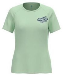 Koszulka damska Odlo ESSENTIAL PRINT T-shirt crew neck s/s. Zielone koszulki sportowe damskie Odlo, l, bez wzorów, z materiału, bez kołnierzyka, bez ramiączek, do biegania. Za 165.00 zł.
