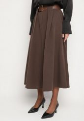 Brązowa Rozkloszowana Spódnica z Wiskozą Zdobiona Paskiem z Klamrą Tinevia. Brązowe spódnice damskie Born2be, uniwersalny, z aplikacjami, z wiskozy, biznesowe, midi, koszulowe. Za 109.99 zł.
