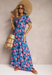 Niebiesko-Różowa Bawełniana Sukienka w Geometryczny Wzór z Kopertowym Dekoltem z Gumką w Pasie Fanelsea. Niebieskie sukienki damskie Renee, na spotkanie biznesowe, na lato, s, bez wzorów, z bawełny, bez kołnierzyka, bez ramiączek, maxi, kopertowe. Za 69.99 zł.