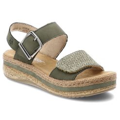Sandały damskie Rieker, cholewka ze skóry naturalnej i materiału tekstylnego szeroki pasek z przodu, zielone, V0951-54. Zielone paski damskie Rieker, bez wzorów, ze skóry. Za 349.00 zł.