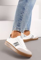 Biało-Srebrne Sznurowane Sneakersy Tenisówki z Kauczukową Podeszwą Gialessa. Białe trampki i tenisówki damskie Renee, bez wzorów, z kauczuku, biznesowe, bez zapięcia. Za 89.99 zł.