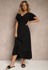 Czarna Rozkloszowana Sukienka z Wiskozy z Kopertowym Dekoltem Rellrive. Czarne sukienki damskie Renee, na co dzień, l, bez wzorów, z wiskozy, eleganckie, bez kołnierzyka, bez ramiączek, maxi, kopertowe. Za 49.99 zł.
